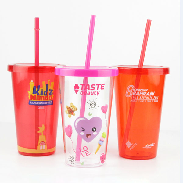 16oz Double Wall Plastic Plain Tumblers With Flat Lids & Straw Red